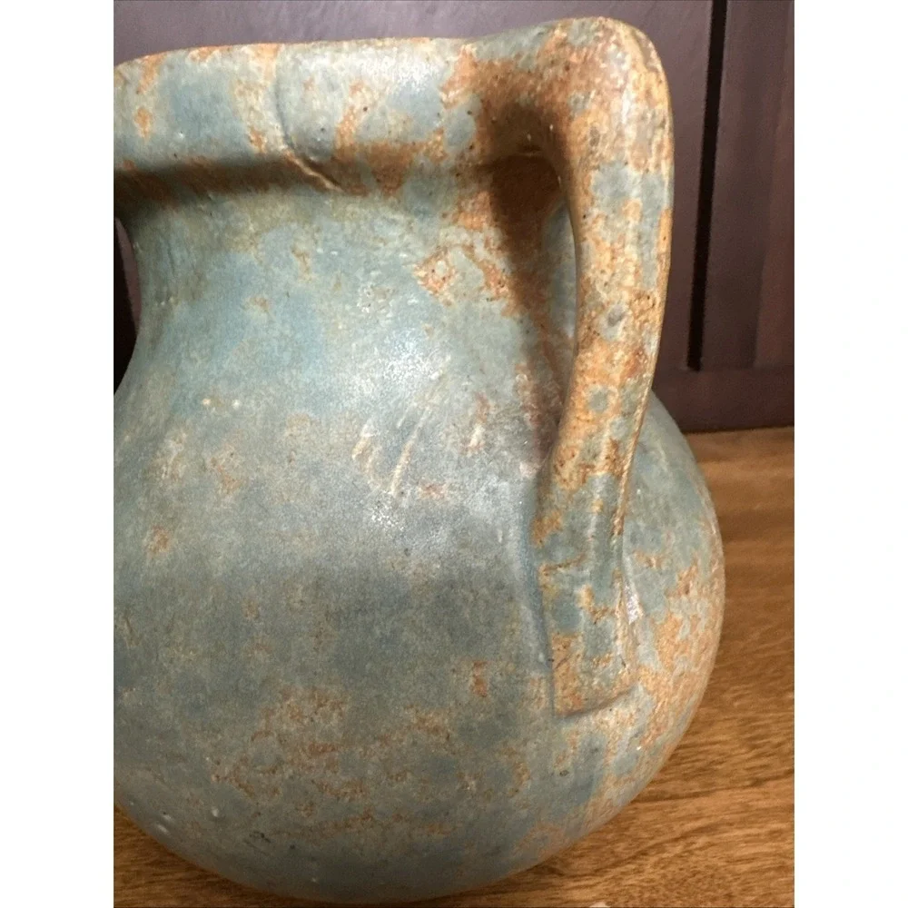 Burley Winter Pottery Vase Green Mottled Glaze Double Handle Antique 1930's #54